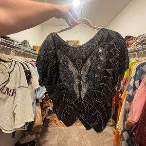 Vintage Black Sequin Butterfly-Embellished Women’s Top